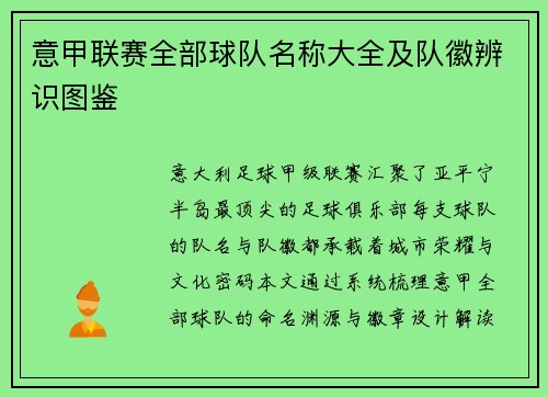 意甲联赛全部球队名称大全及队徽辨识图鉴